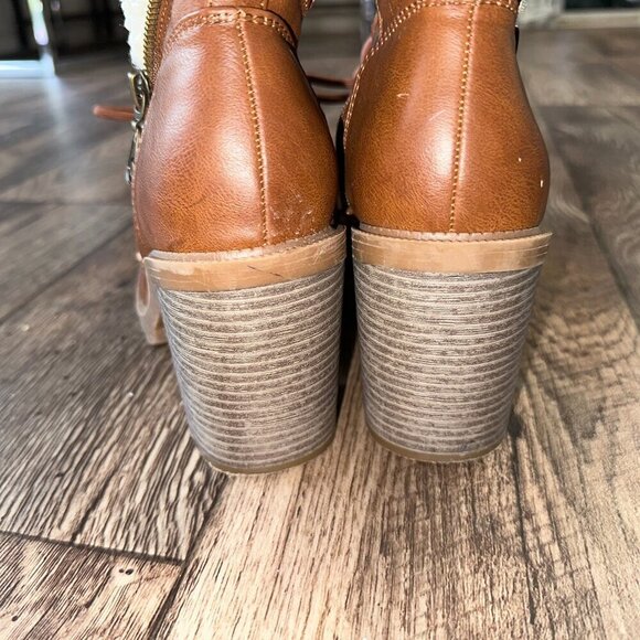 Women's Ankle Boots Brown Faux Leather Sherpa Tall Thick Heel Booties Size 7 - Picture 8 of 13